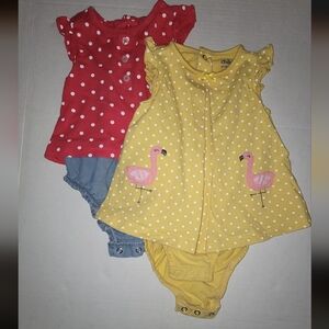Carters onesie Dresses 12 months flamingos polka dots Denim jean yellow snaps